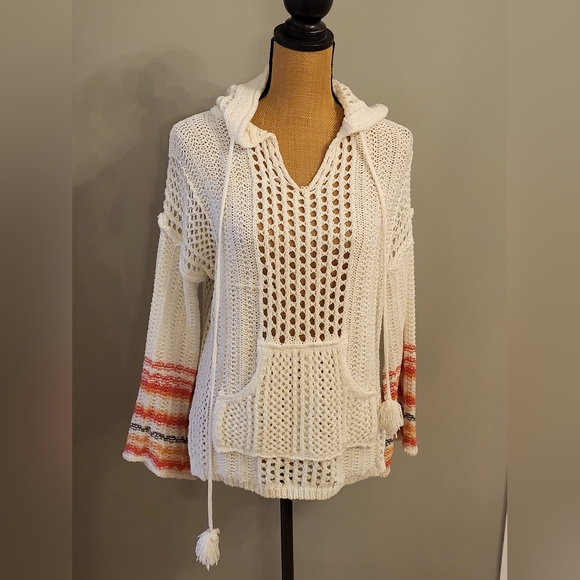 POL White Open Weave Knit Polyester Pullover Hoodie Medium - Picture 5 of 10